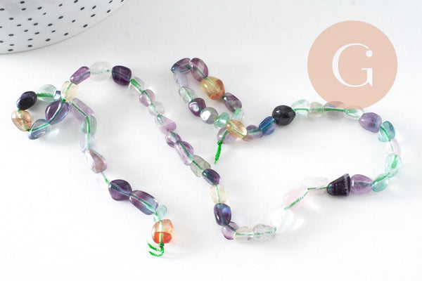 Perles pépite fluorite naturelle violette 7mm, fil de 39cm, x1 (G2128)