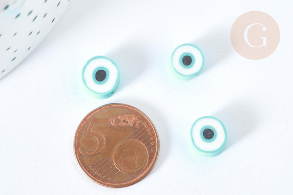 Perles polymère rondes plates bleu ciel mauvais oeil 10,5-12mm, x5 (G7203)