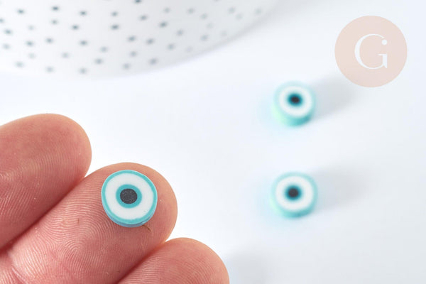 Perles polymère rondes plates bleu ciel mauvais oeil 10,5-12mm, x5 (G7203)