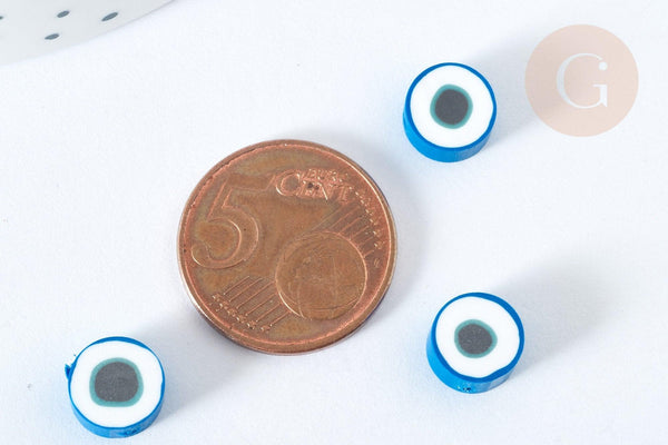 Perles polymère rondes plates bleu royal mauvais oeil 10,5-12mm, x5 (G7204)