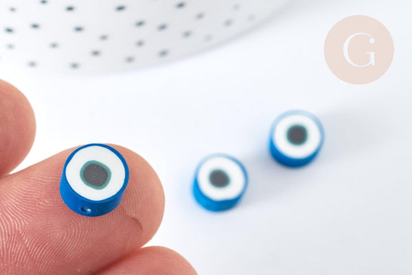 Perles polymère rondes plates bleu royal mauvais oeil 10,5-12mm, x5 (G7204)