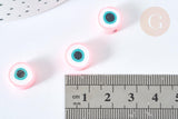 Perles polymère rondes plates rose mauvais oeil 10,5-12mm, bijoux fantaisie DIY chance, x5 (G7202)
