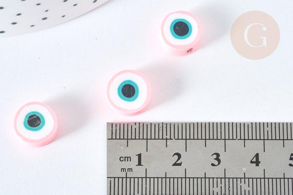 Perles polymère rondes plates rose mauvais oeil 10,5-12mm, bijoux fantaisie DIY chance, x5 (G7202)