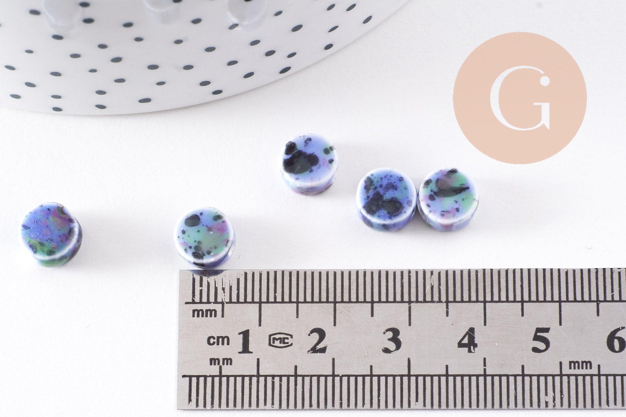 Perles porcelaine bleue clair moucheté, perle céramique, perle porcelaine,perle disque, céramique bleue,8mm, x10 G4777
