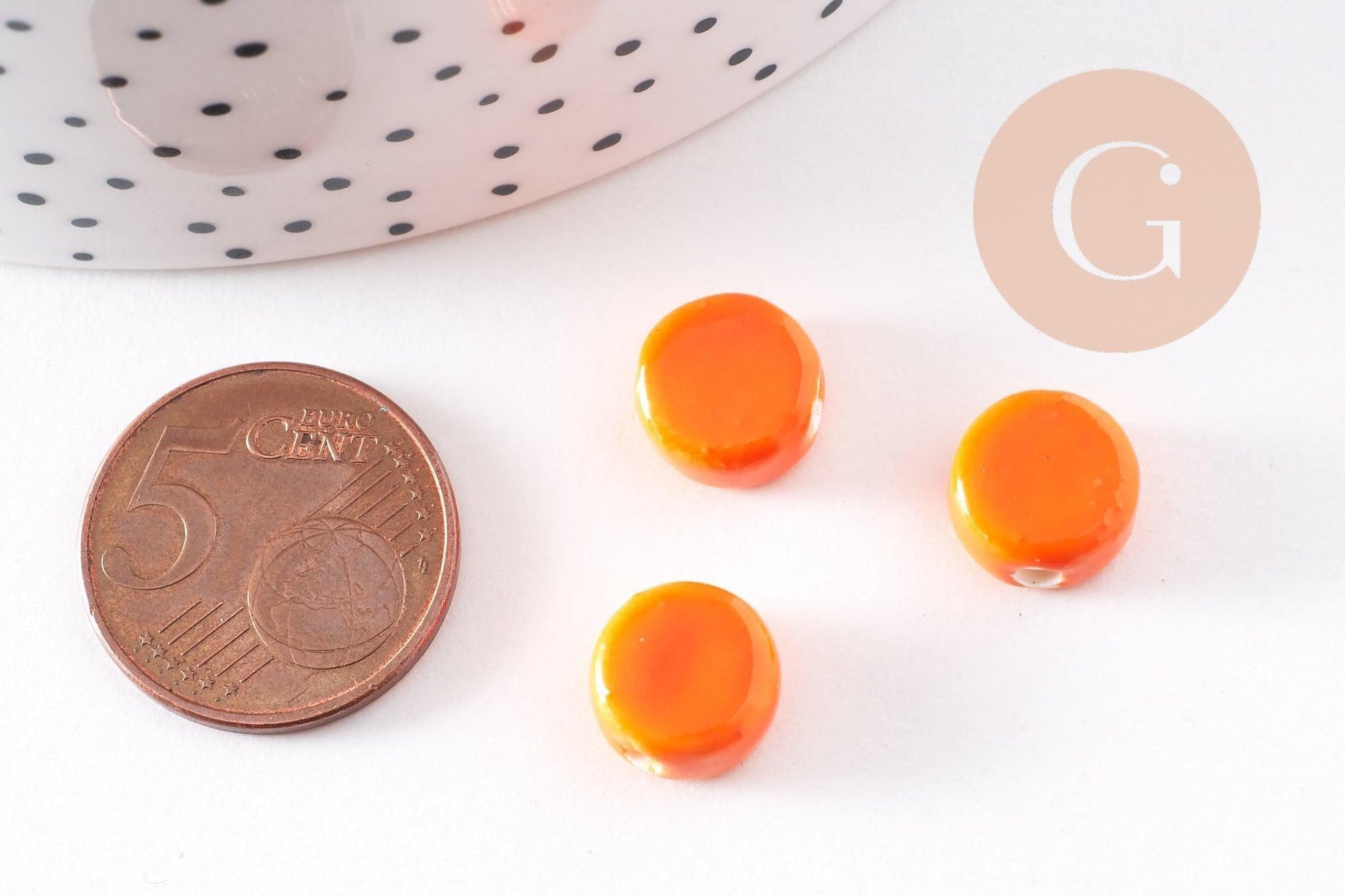 Perles porcelaine orange, perle céramique,perle disque, céramique orange,10mm, x10 (G4729)