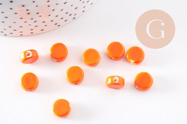 Perles porcelaine orange, perle céramique,perle disque, céramique orange,10mm, x10 G4729