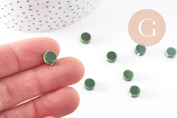 Perles porcelaine vert foncé, perle céramique, perle porcelaine,perle disque, céramique verte,8mm, x10 G4730