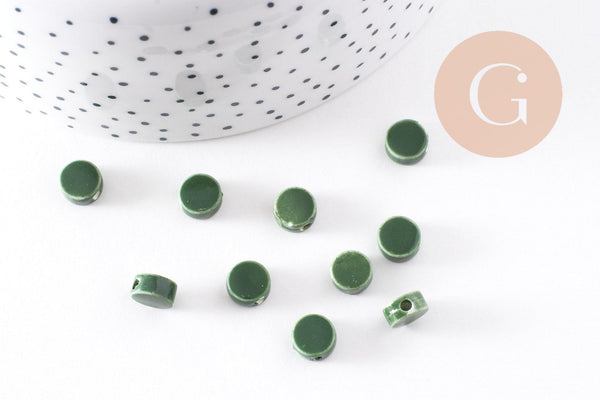 Perles porcelaine vert foncé, perle céramique, perle porcelaine,perle disque, céramique verte,8mm, x10 G4730