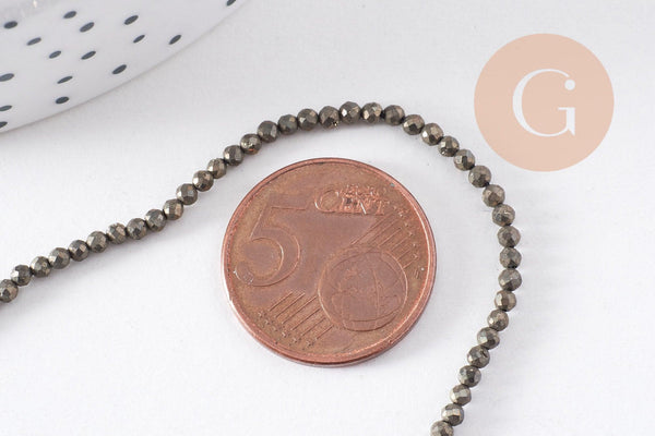 Perles pyrite facettée, perles pyrite, fabrication bijoux, pyrite naturelle, 2mm, fil de 40cm, x1 (G4046)