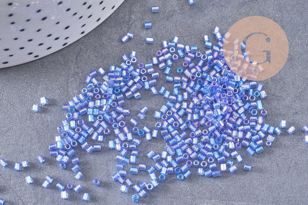 Perles rocaille Tube bleu irisé 2.5-3mm, x10gr (G10396)
