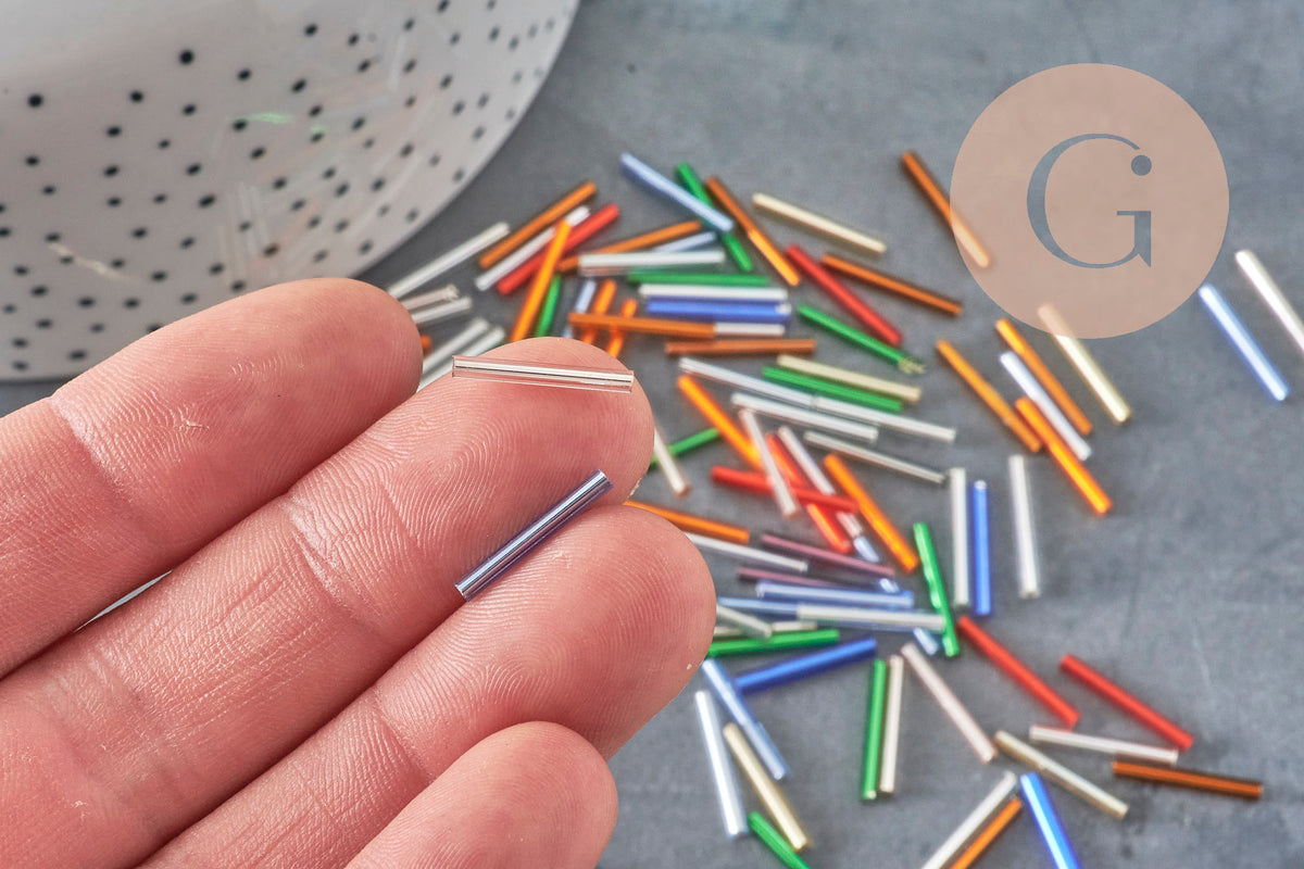 Seed beads Multicolored tube 15x2mm, metallic multicolor glass bead, long tube bead, x 10gr G0663