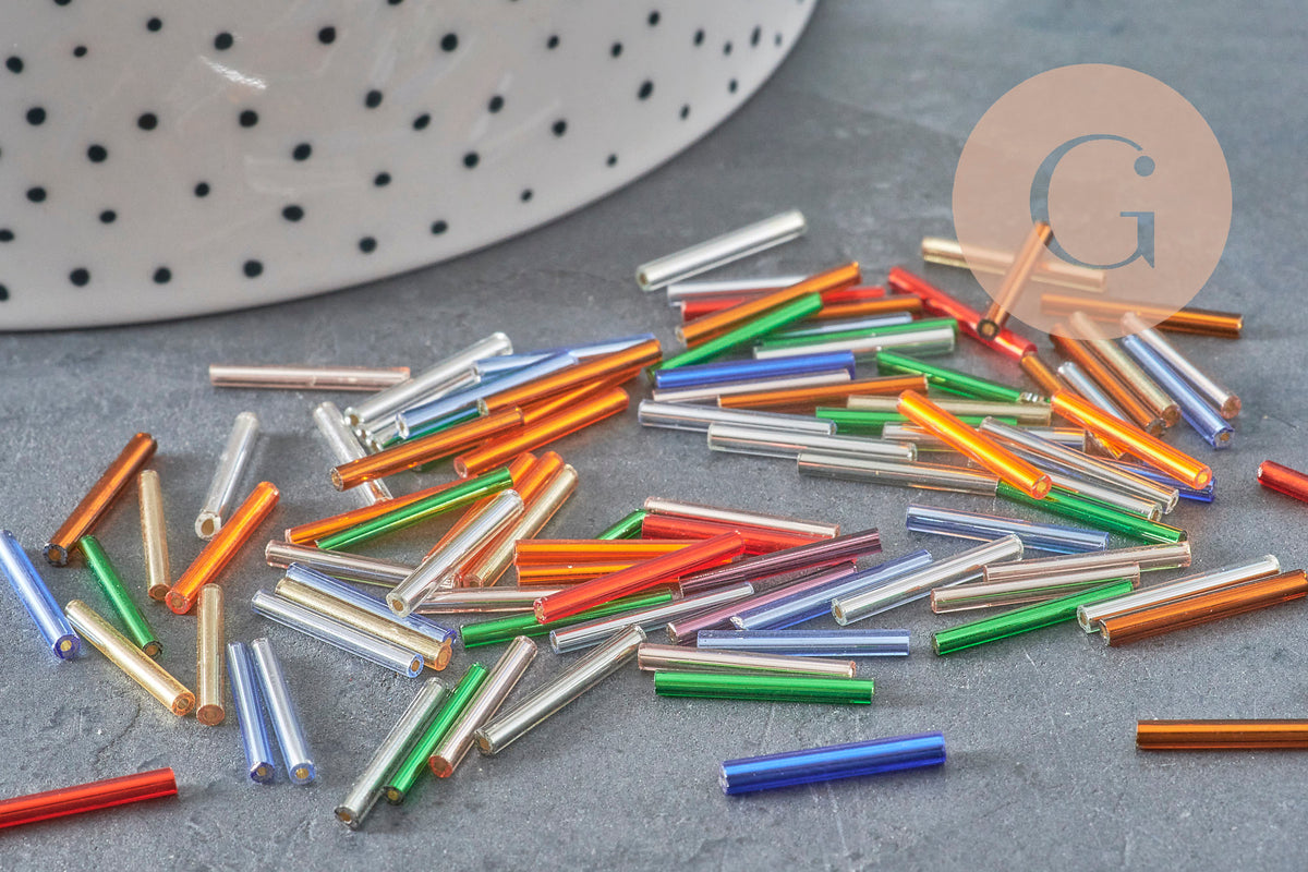 Seed beads Multicolored tube 15x2mm, metallic multicolor glass bead, long tube bead, x 10gr G0663