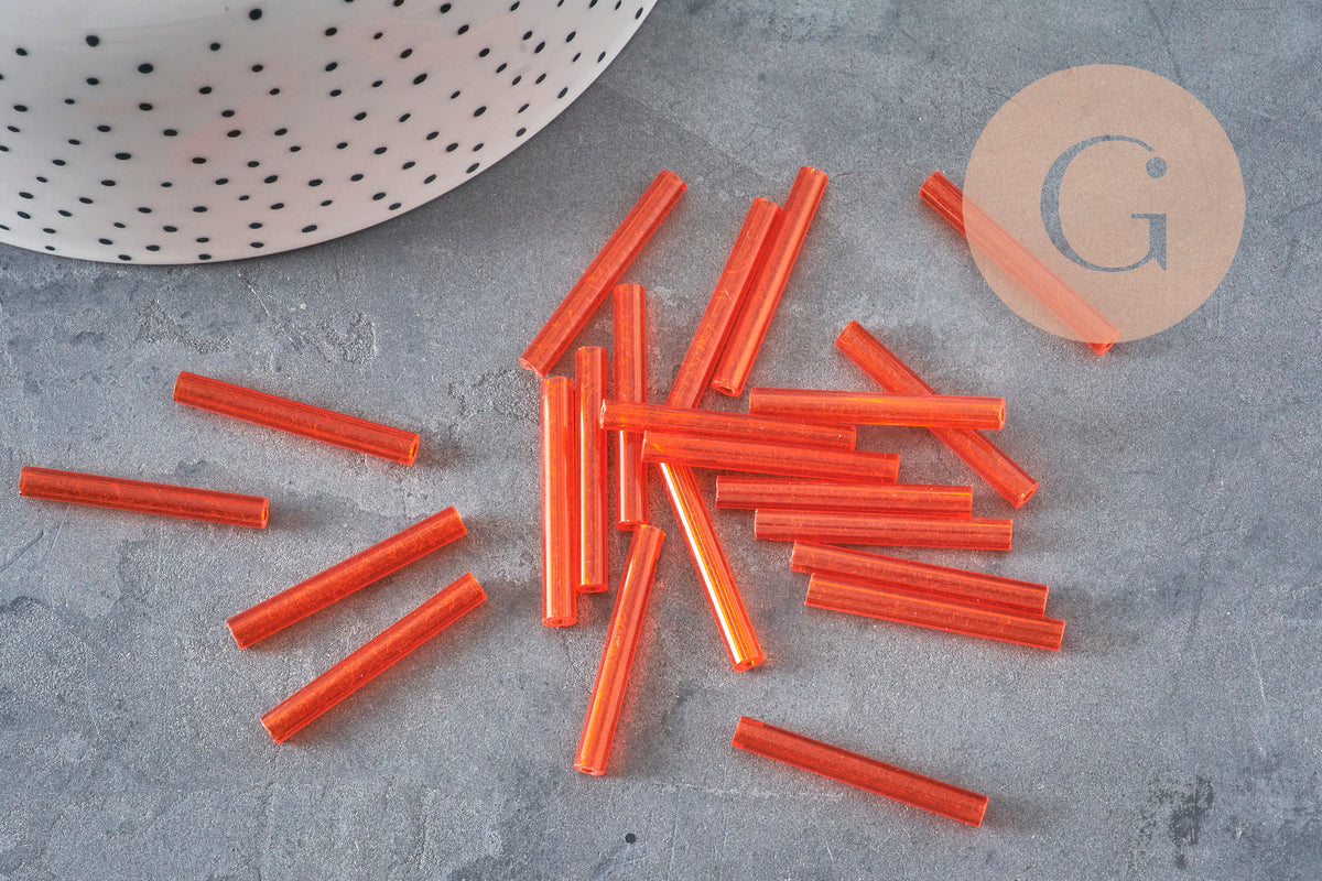 Cuentas de semillas de tubo, cuentas de semillas de naranja, vidrio naranja, tubo largo, cuenta de tubo naranja, 28 mm, x 10 g G4392