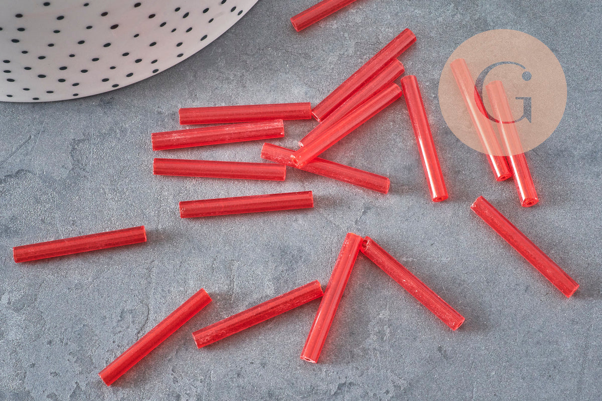 Cuentas de semillas de tubo, cuentas de semillas rojas, vidrio rojo, tubo largo, cuenta de tubo rojo, 28 mm, x 10 g G4390