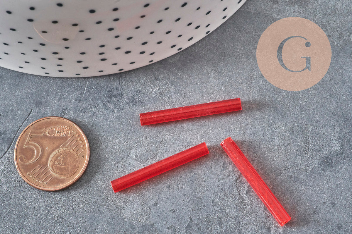 Cuentas de semillas de tubo, cuentas de semillas rojas, vidrio rojo, tubo largo, cuenta de tubo rojo, 28 mm, x 10 g G4390