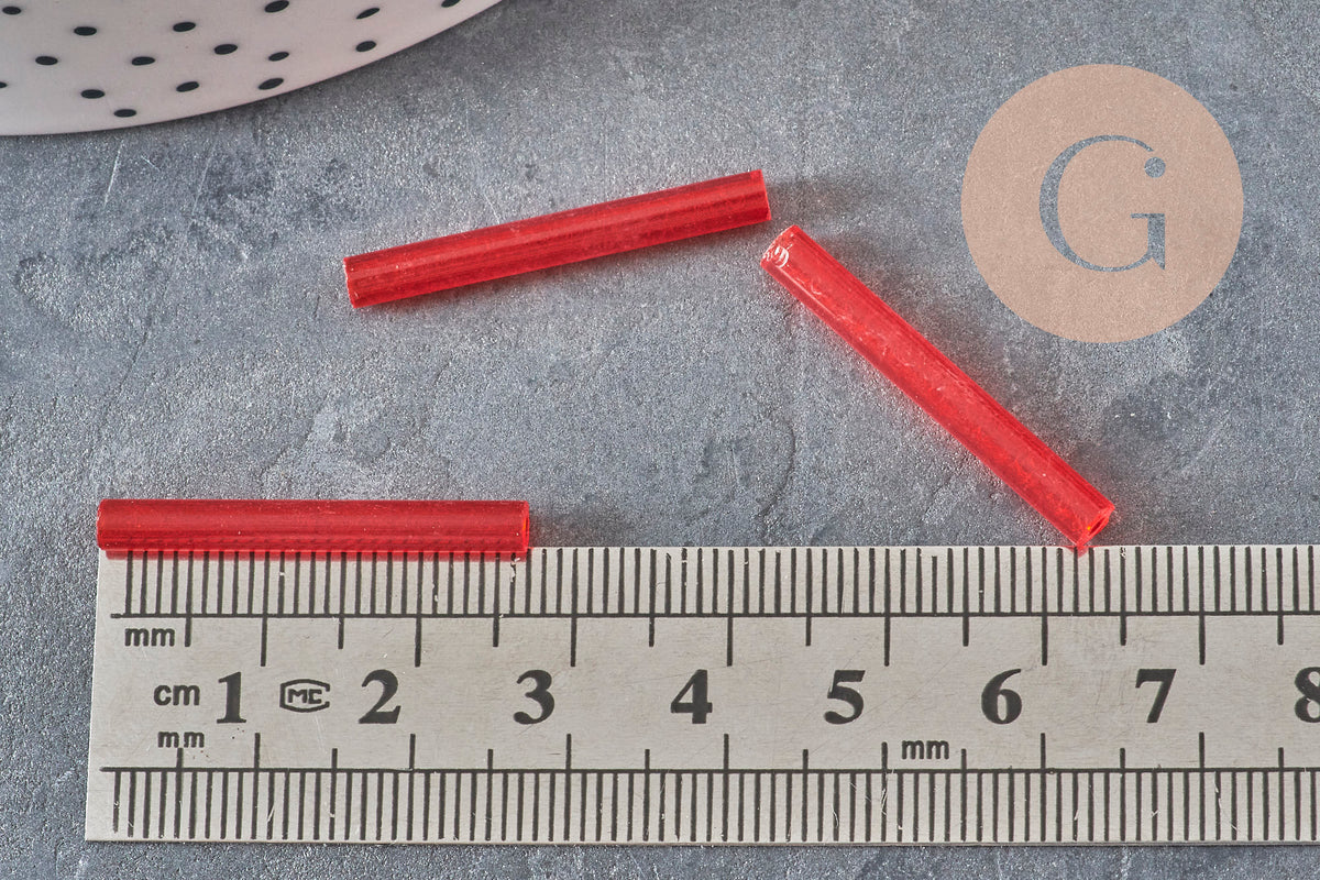 Cuentas de semillas de tubo, cuentas de semillas rojas, vidrio rojo, tubo largo, cuenta de tubo rojo, 28 mm, x 10 g G4390