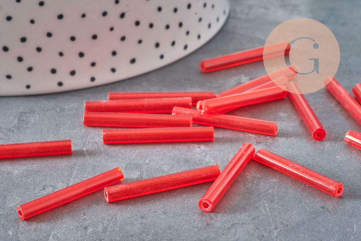 Cuentas de semillas de tubo, cuentas de semillas rojas, vidrio rojo, tubo largo, cuenta de tubo rojo, 28 mm, x 10 g G4390