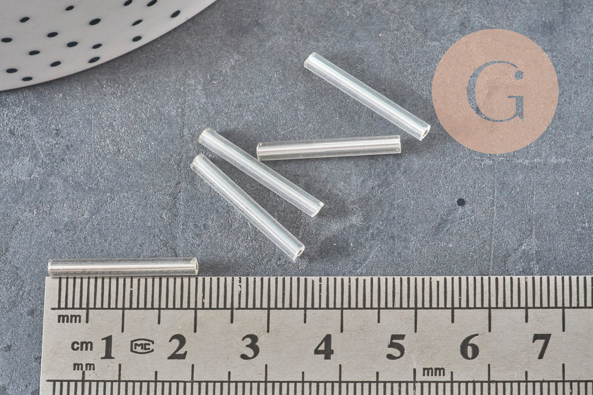 Cuentas de semillas Tubo de vidrio plateado metálico 20 mm x 2,5 mm, tubo largo, cuenta plateada, x 10 gr G1163