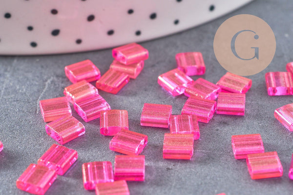 Perles rocaille carré verre rectangle Rose Fuchsia or nacré façon Tila 4.5mm 2 trous, x50 (G4451)