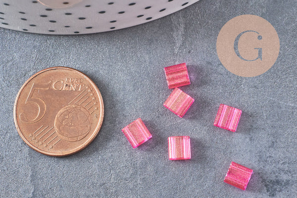 Perles rocaille carré verre rectangle Rose Fuchsia or nacré façon Tila 4.5mm 2 trous, x50 (G4451)
