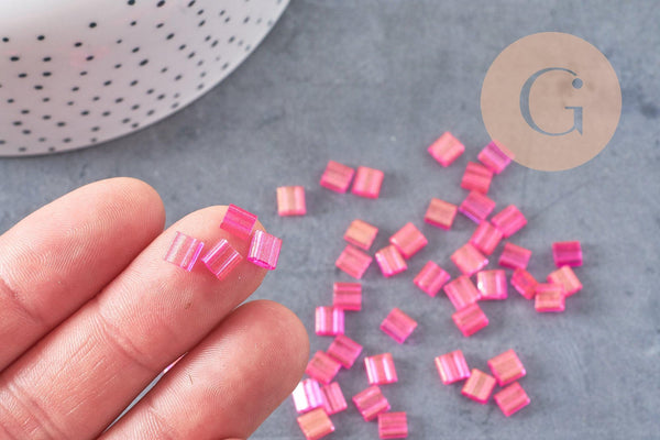 Perles rocaille carré verre rectangle Rose Fuchsia or nacré façon Tila 4.5mm 2 trous, x50 (G4451)