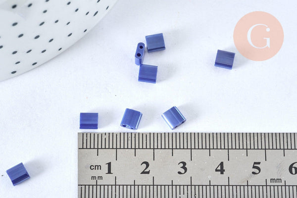 Perles rocaille carré verre rectangle bleu irisé, perle carré création bracelet, perle tila,4.5mm,2 trous, x50 (4.8GR) (G6814)