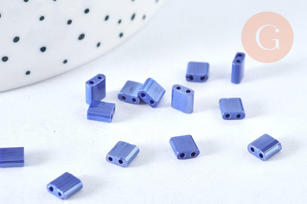 Perles rocaille carré verre rectangle bleu irisé, perle carré création bracelet, perle tila,4.5mm,2 trous, x50 (4.8GR) (G6814)