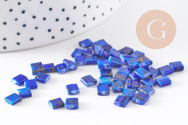 Perles rocaille carré verre rectangle bleu, perle carré création bracelet, perle tila,4.5mm,2 trous, x50 (G5476)