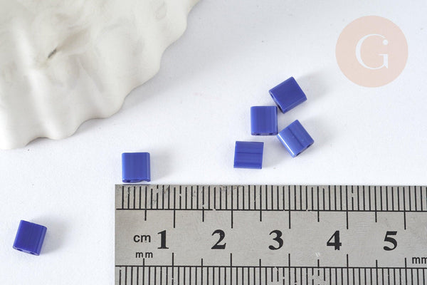 Perles rocaille carré verre rectangle bleu roi opaque,création bracelet, perle tila,4.5mm,2 trous, x50 (4.8GR) (G7488)