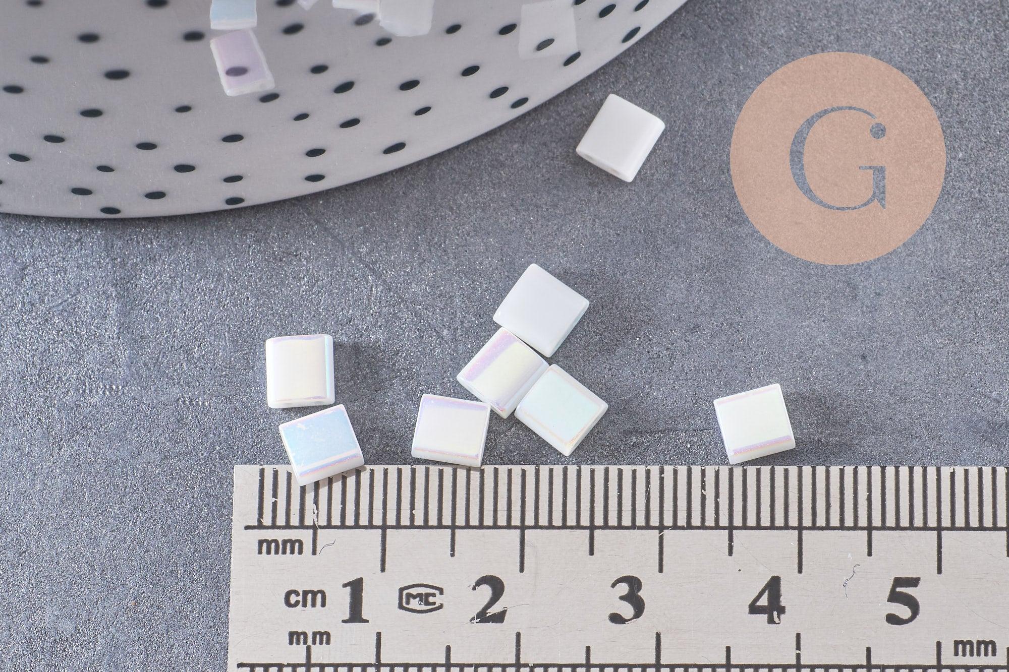 Perles rocaille verre rectangle blanc irisé 5mm, perle carré création bracelet, perle tila,4.5mm,2 trous, x50 (4.8 GR) (G4454)