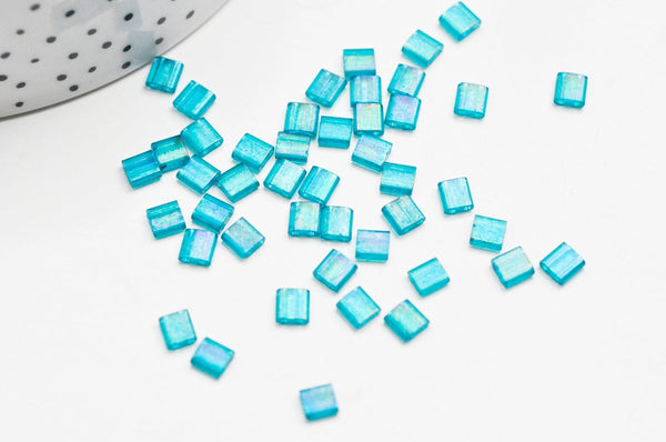 Perles rocaille verre rectangle bleu turquoise 4.5mm,2 trous, x50 (G4455)
