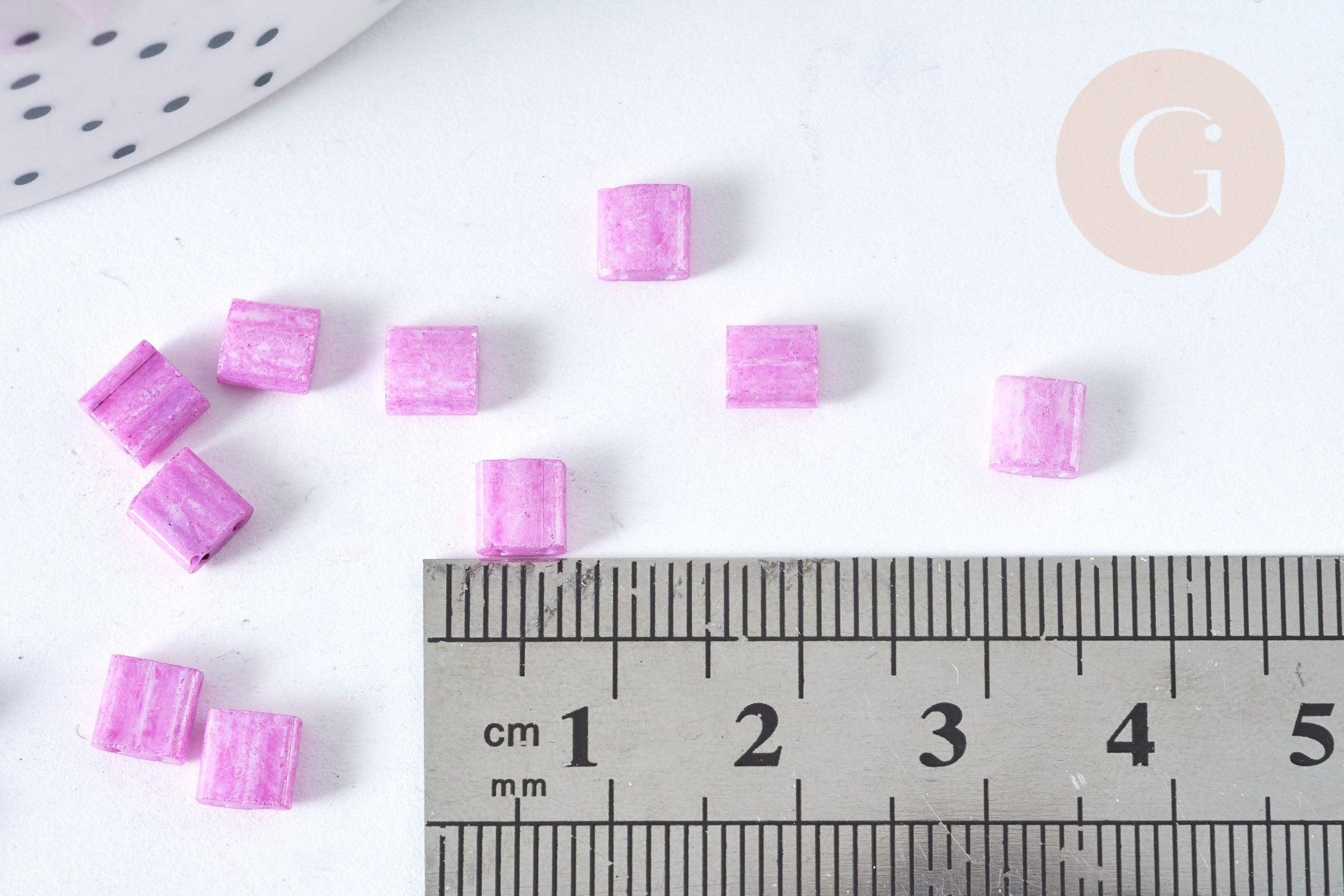 Perles rocailles carrées en verre rose lila 4.5mm 2 trous x 50 (G7484)