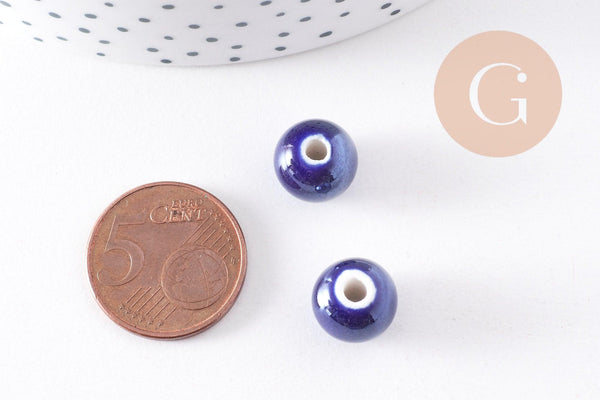 Perles ronde porcelaine bleu irisé,perle ronde bleu canard, porcelaine bleue, création bijoux, 1cm, x5 G1162