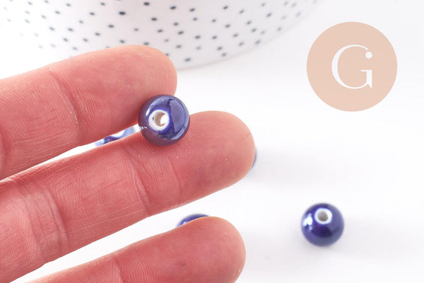Perles ronde porcelaine bleu irisé,perle ronde bleu canard, porcelaine bleue, création bijoux, 1cm, x5 G1162