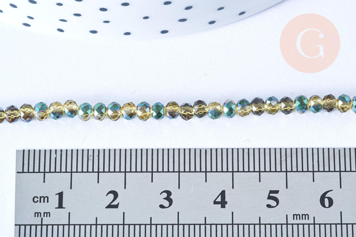 Perles rondelle cristal bicolore jaune vert irisé facette 3.5x2.5mm, x1 fil 25.4cm (G6761)