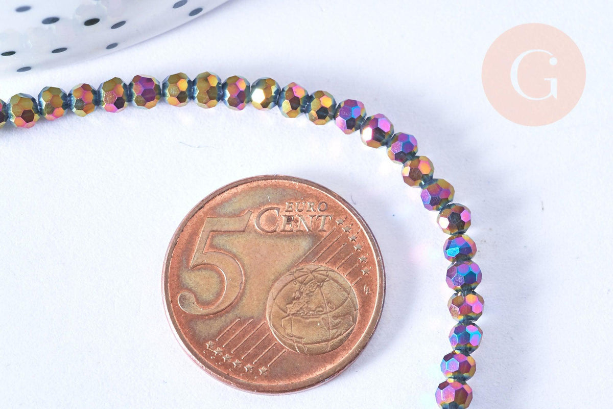 Perles rondelle cristal noir irisé facette 3.5x2.5mm, x1 fil 25.4cm (G6754)