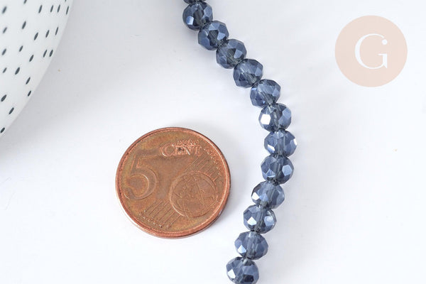 Perles rondelle verre opaque facettée gris foncé 6x5mm, DIY cristal, fil de 41cm, x1 (G8258)