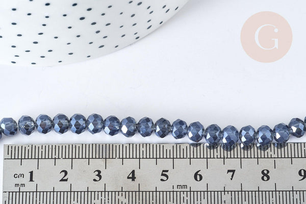 Perles rondelle verre opaque facettée gris foncé 6x5mm, DIY cristal, fil de 41cm, x1 (G8258)