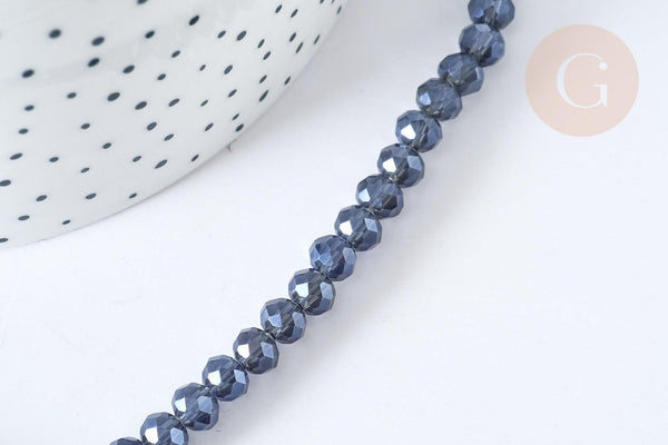 Perles rondelle verre opaque facettée gris foncé 6x5mm, DIY cristal, fil de 41cm, x1 (G8258)