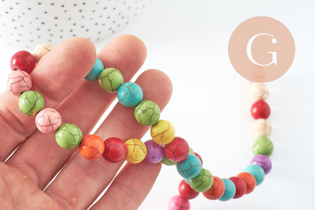 Perles rondes multicolores howlite,Perles gouttes multicolores howlite, howlite naturelle, perle turquoise, fil de 40 cm, X1 (G9717)