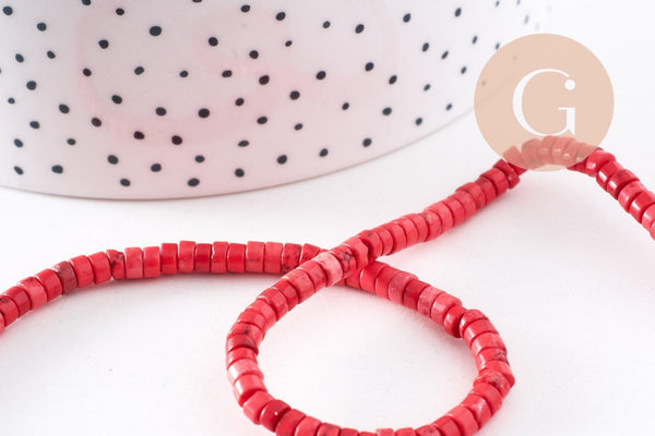 Perles rondes rondelles howlite rouge corail, perles pierre, howlite naturelle, fil de 45cm (G0891)