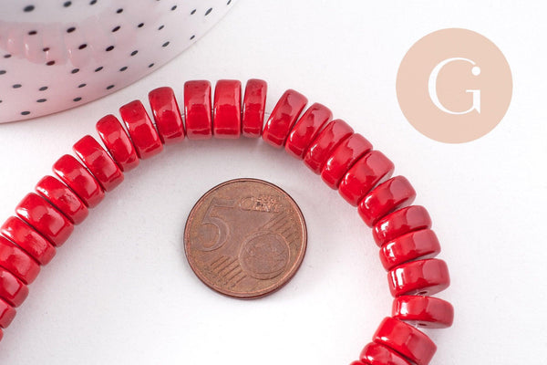 Perles rondes rondelles turquoise rouge 10x4mm, x1 fil de 50cm (G0989)