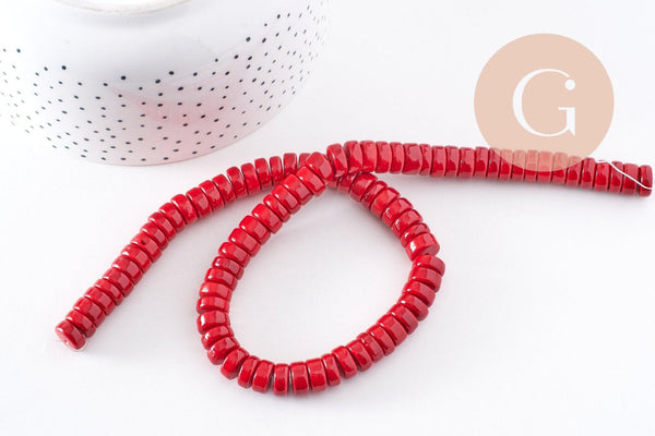 Perles rondes rondelles turquoise rouge 10x4mm, x1 fil de 50cm (G0989)