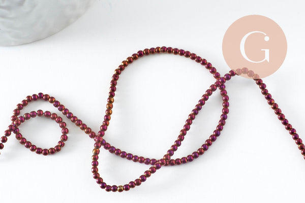 Perles rondes rose rouge métallisées verre 2,5mm, perles pour création bijoux verre, le fil de 35.8cm, x1 (G8708)