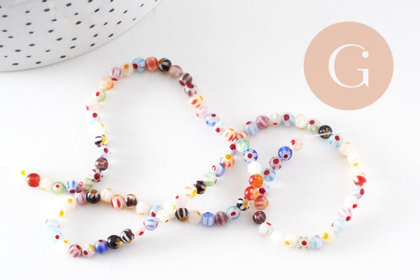 Perles rondes verre millefiori 4mm, x1 fil de 33cm (G5364)