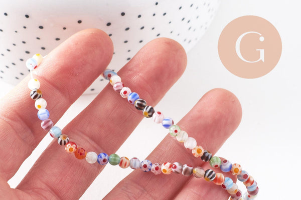 Perles rondes verre millefiori 4mm, x1 fil de 33cm (G5364)