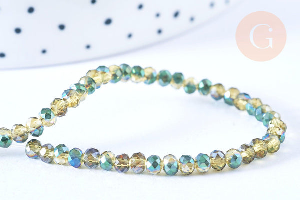 Perles toupies cristal bicolore jaune vert irisé 3.5x2.5mm,Perle verre facette, fil 25.4cm x1 (G6761)
