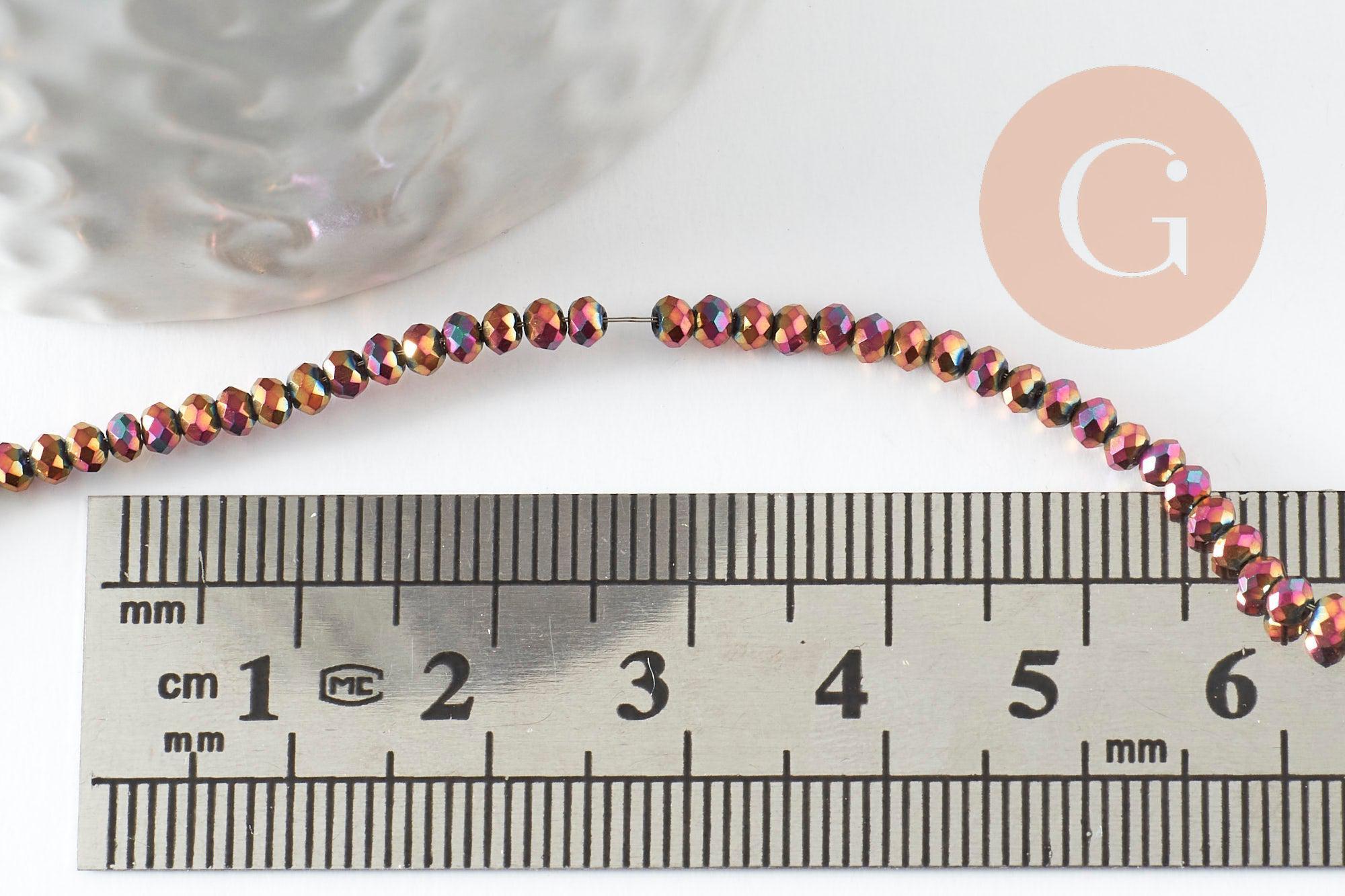 Perles toupies cristal rouge irisé métallisé 3x2mm, perles création bijoux, fil de 33cm x1 (G8106)