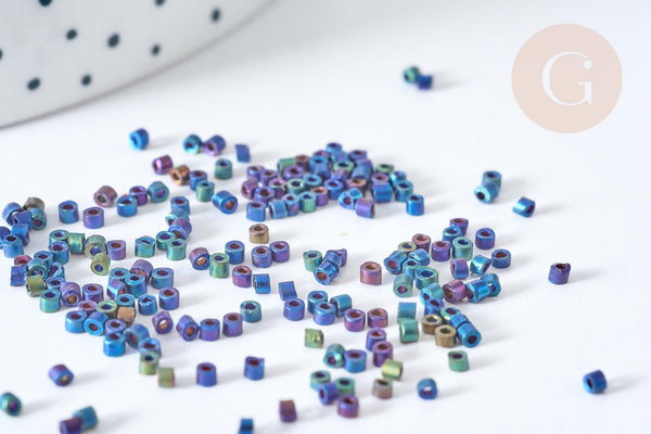 Perles tube bleu reflets violets verts mat façon Delica miyuki, x1 sachet de 8g (G8134)