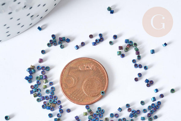 Perles tube bleu reflets violets verts mat façon Delica miyuki, x1 sachet de 8g (G8134)